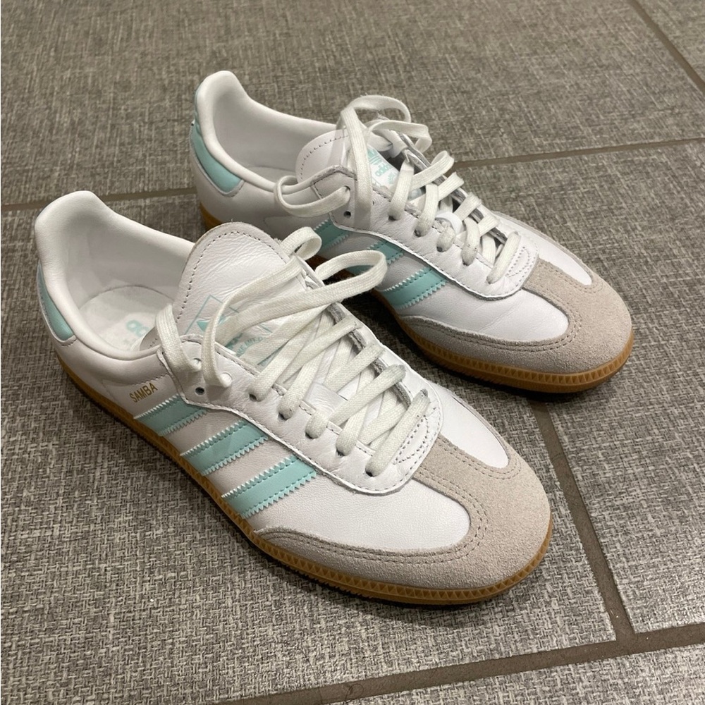Adidas White and Light Blue Sambas